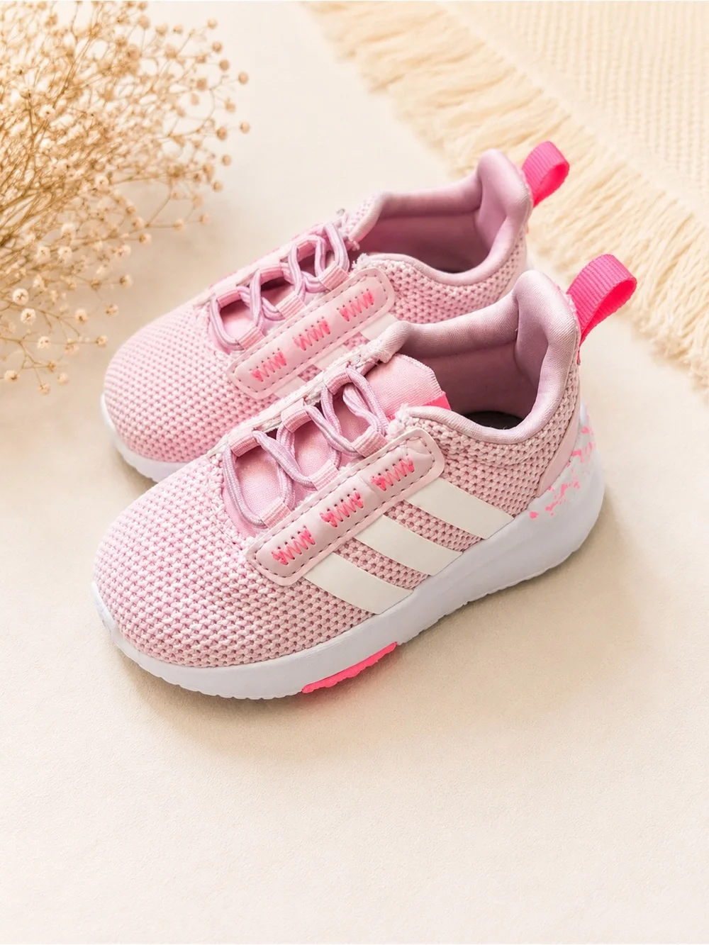 adidas Pink Mesh Toddler Sneakers with White Stripes